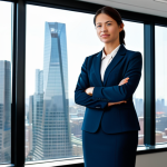 **

A professional woman, fully clothed in a modest business suit, standing confidently in a modern office with a city skyline view through the window. Appropriate attire, safe for work, perfect anatomy, natural proportions, professional lighting, family-friendly environment, well-formed hands, proper finger count.

**