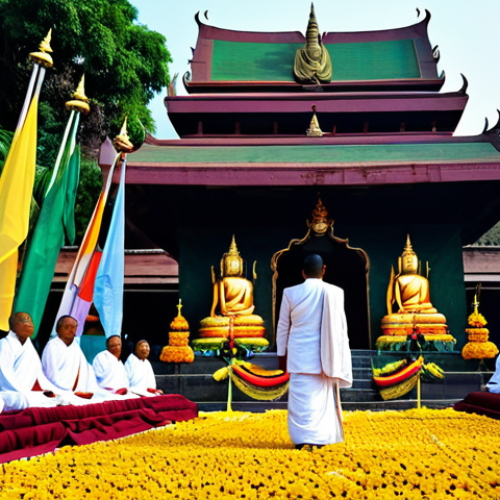 Home 6 Vesak Purnima Celebration**
"A serene scene of Vesak Purnima celebrations at a Buddhist temple in Bodh Gaya, fully clothed devotees offering flowers at a Buddha statue, colorful flags and lights adorning the temple, appropriate attire, safe for work, perfect anatomy, natural proportions, professional photography, high quality, family-friendly, modest clothing."
**