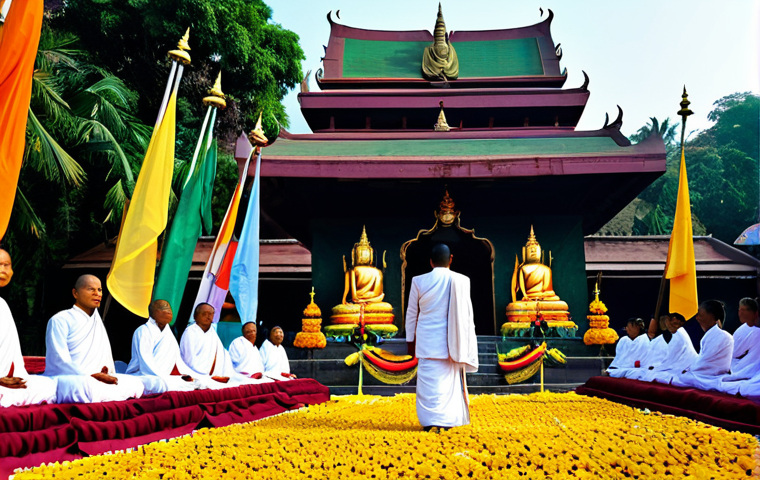 Vesak Purnima Celebration**

"A serene scene of Vesak Purnima celebrations at a Buddhist temple in Bodh Gaya, fully clothed devotees offering flowers at a Buddha statue, colorful flags and lights adorning the temple, appropriate attire, safe for work, perfect anatomy, natural proportions, professional photography, high quality, family-friendly, modest clothing."

**