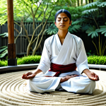 선불교의 기본 개념 - **Prompt:** A serene individual meditating in a peaceful setting, eyes closed, fully clothed in trad...