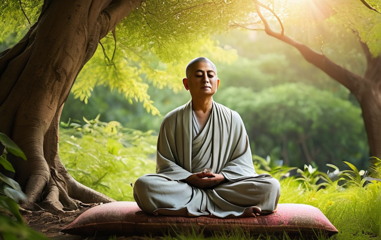 불교와 자연의 순환 - **Prompt:** A serene and majestic scene depicting Gautama Buddha meditating peacefully under a vast,...