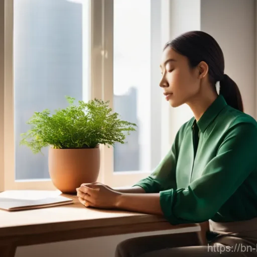 불교의 현실적 적용 - **Prompt:** A young professional, dressed in smart, modest business attire (such as a tailored blous...