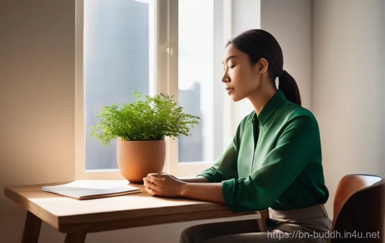 불교의 현실적 적용 - **Prompt:** A young professional, dressed in smart, modest business attire (such as a tailored blous...