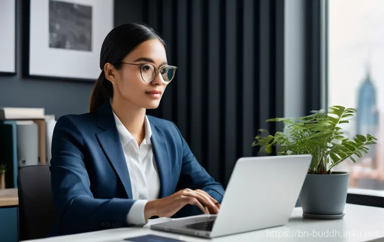 불교와 직장 스트레스 - **Prompt:** A serene and focused professional, appearing gender-neutral, sits at a modern, well-orga...