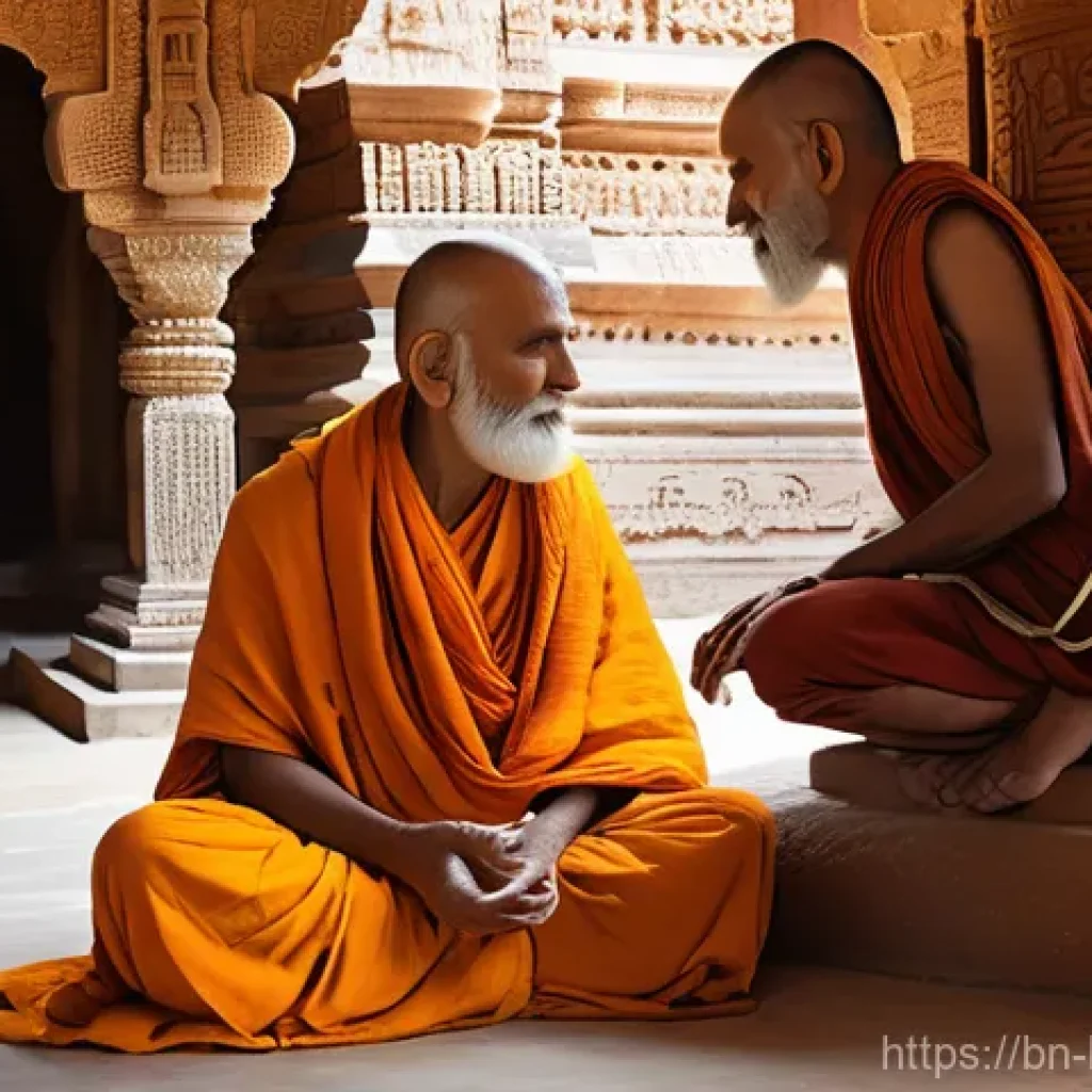 불교와 힌두교의 관계 - **Ancient Cultural Exchange: Sages and Monks in Dialogue**
    "A serene and historically rich illus...