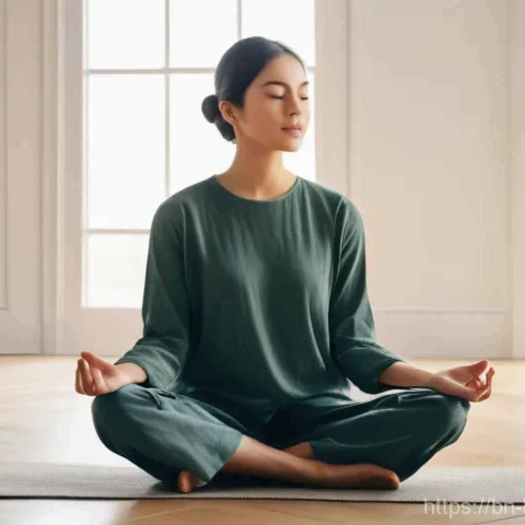 불교에서의 공 空  개념 - A serene young adult, dressed in modest, comfortable clothing like loose linen pants and a simple, l...