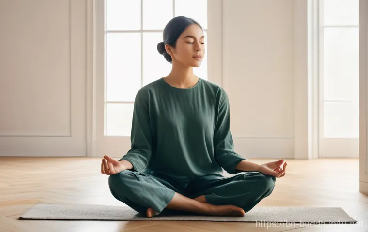 불교에서의 공 空 개념 - A serene young adult, dressed in modest, comfortable clothing like loose linen pants and a simple, l...