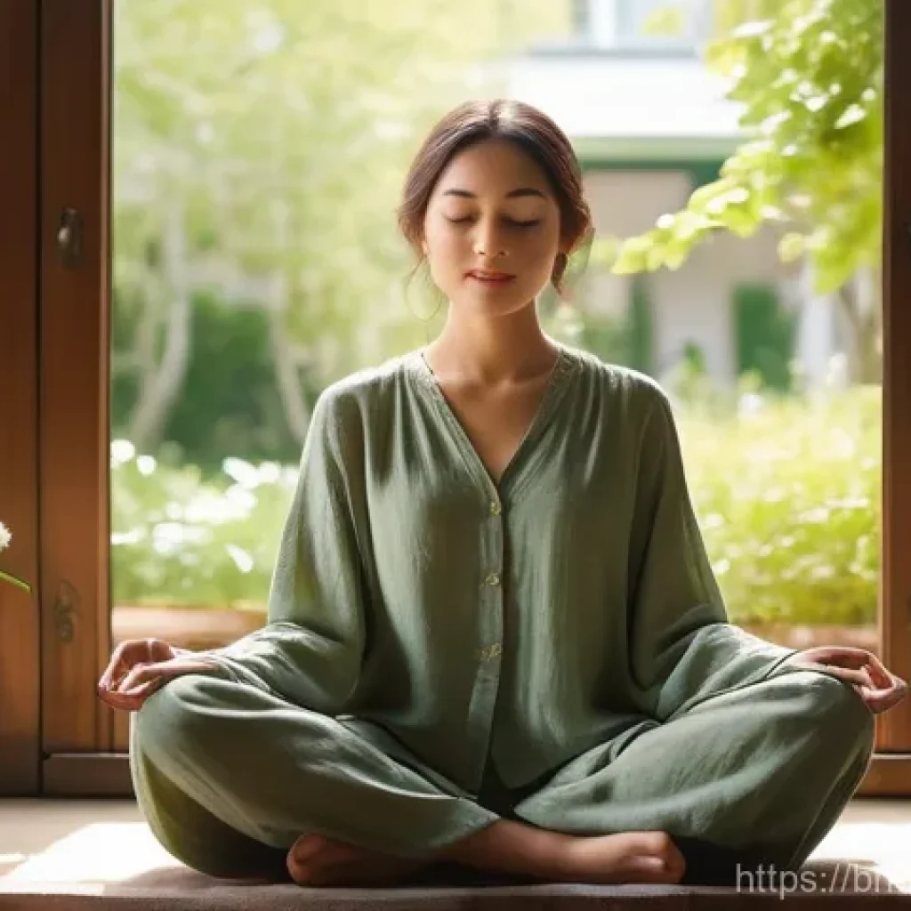 불교에서의 연민과 자비 - **Prompt for Inner Peace and Mindfulness**:
    "A young woman, wearing a modest, comfortable long-s...