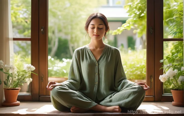 불교에서의 연민과 자비 - **Prompt for Inner Peace and Mindfulness**:
"A young woman, wearing a modest, comfortable long-s...