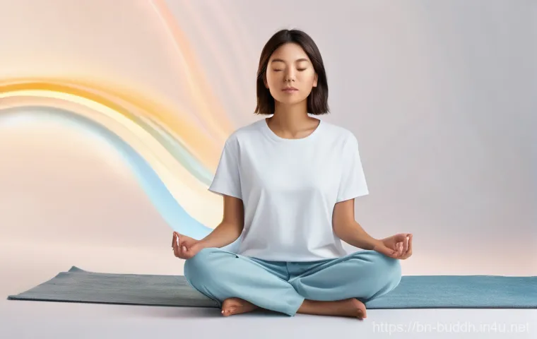 불교에서의 고요와 침묵 - **Prompt:** A young adult, dressed in comfortable, modest casual wear like a soft cotton t-shirt and...