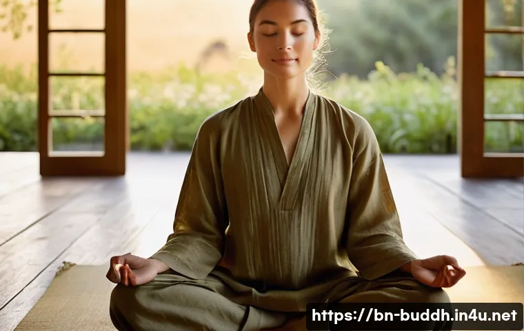 불교에서의 수양법 - **Prompt: Serene Mindfulness Meditation in a Golden Hued Haven**
    A gender-neutral individual, ap...
