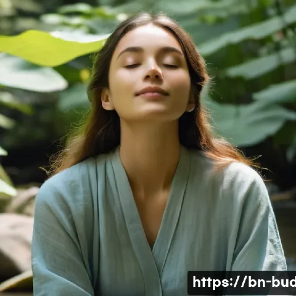 불교에서의 인간 관계 개선 - A young woman, wearing modest, flowing light blue linen attire, sits in a lotus position on a smooth...