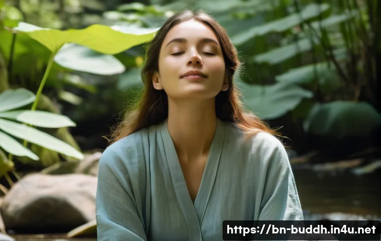 불교에서의 인간 관계 개선 - A young woman, wearing modest, flowing light blue linen attire, sits in a lotus position on a smooth...