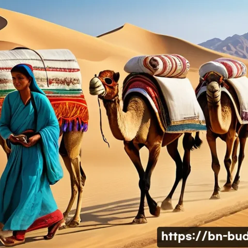 실크로드와 불교 - **Prompt:** "A vibrant and dynamic scene on the ancient Silk Road, depicting a bustling caravan maki...