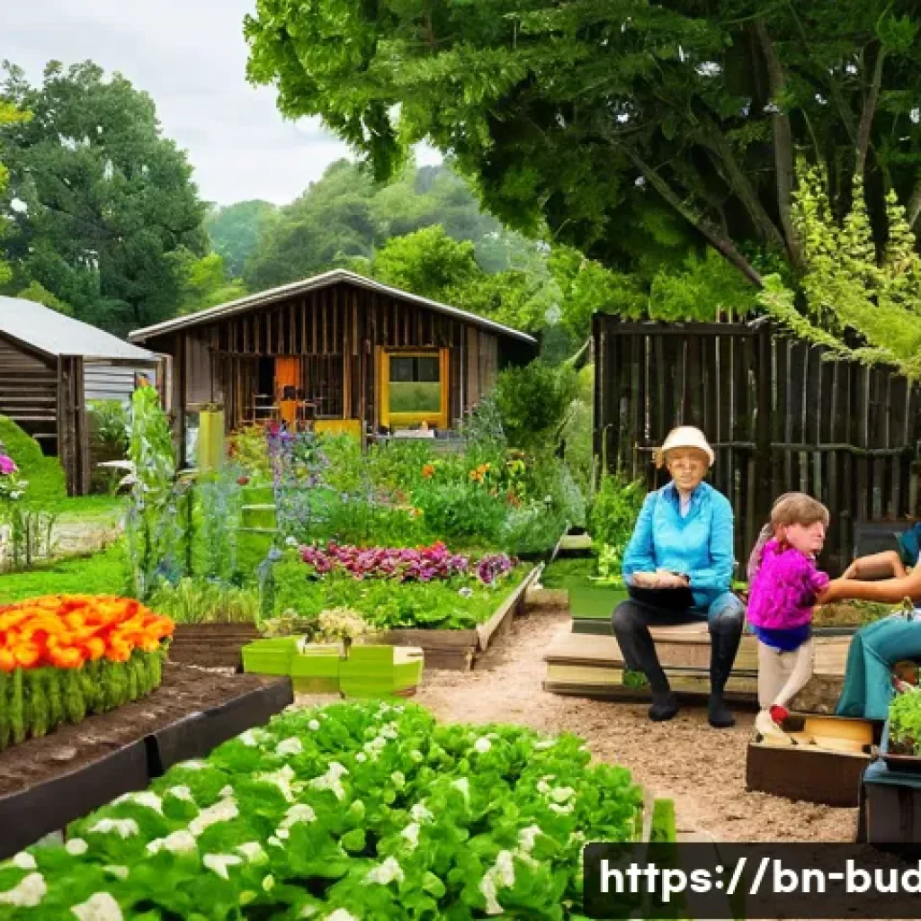 불교와 경제 - A serene and harmonious community thriving on the principles of contentment and cooperation, set in ...