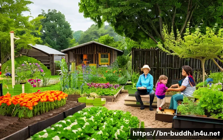 불교와 경제 - A serene and harmonious community thriving on the principles of contentment and cooperation, set in ...