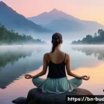 불교와 힐링 - **Prompt:** A serene, peaceful image of a person (gender-neutral, adult) meditating outdoors at dawn...