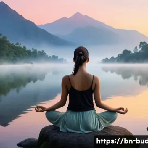 불교와 힐링 - **Prompt:** A serene, peaceful image of a person (gender-neutral, adult) meditating outdoors at dawn...