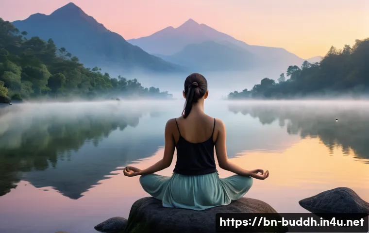 불교와 힐링 - **Prompt:** A serene, peaceful image of a person (gender-neutral, adult) meditating outdoors at dawn...