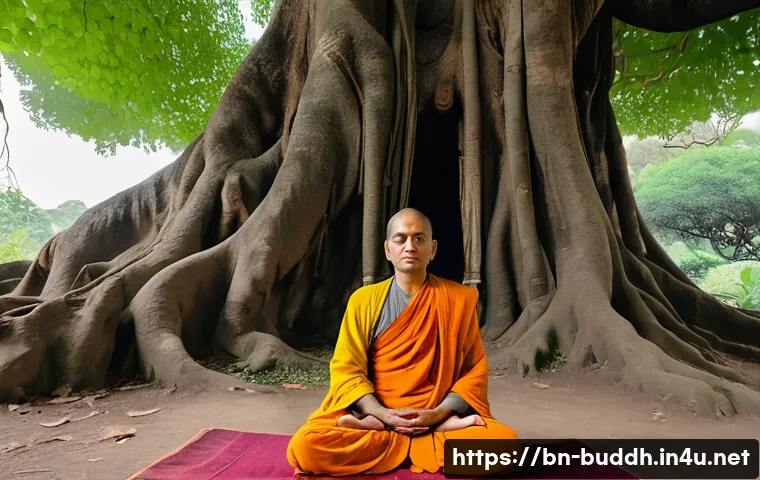 불교의 탄생과 초기 확산 - **Prompt:** A serene and deeply contemplative Siddhartha Gautama, approximately 35 years old, sits i...