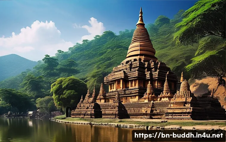 불교 전파 경로 - A majestic ancient Buddhist monastery complex sponsored by King Ashoka, featuring grand stone stupas...