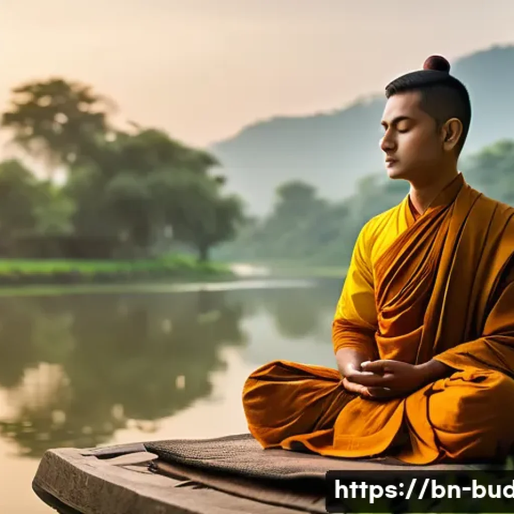 불교의 글로벌화 - A serene scene of a young Bengali person practicing Buddhist meditation outdoors near a calm river a...