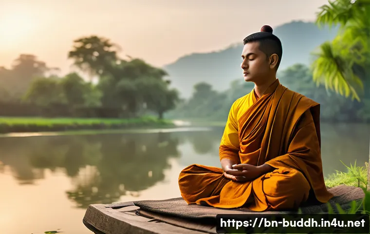 불교의 글로벌화 - A serene scene of a young Bengali person practicing Buddhist meditation outdoors near a calm river a...