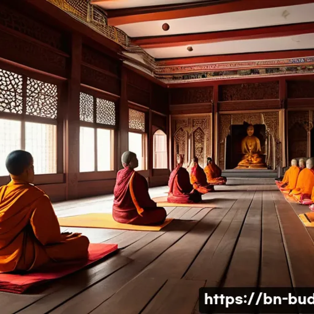 불교와 여성 - A serene and inspiring scene inside a traditional Buddhist monastery in Bengal, showcasing a group o...