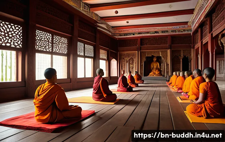 불교와 여성 - A serene and inspiring scene inside a traditional Buddhist monastery in Bengal, showcasing a group o...