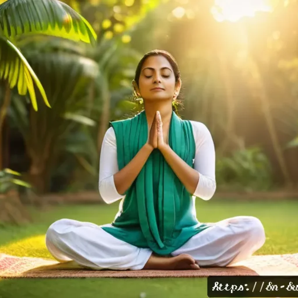 불교에서의 정신 건강 - A serene Bengali woman practicing Pranayama meditation outdoors in a lush green garden at sunrise, w...