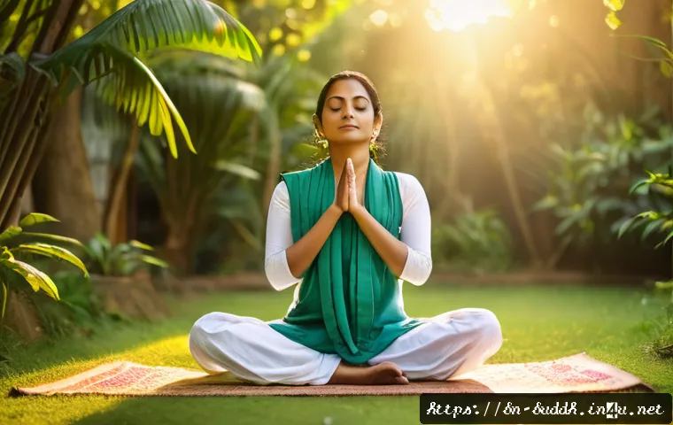 불교에서의 정신 건강 - A serene Bengali woman practicing Pranayama meditation outdoors in a lush green garden at sunrise, w...