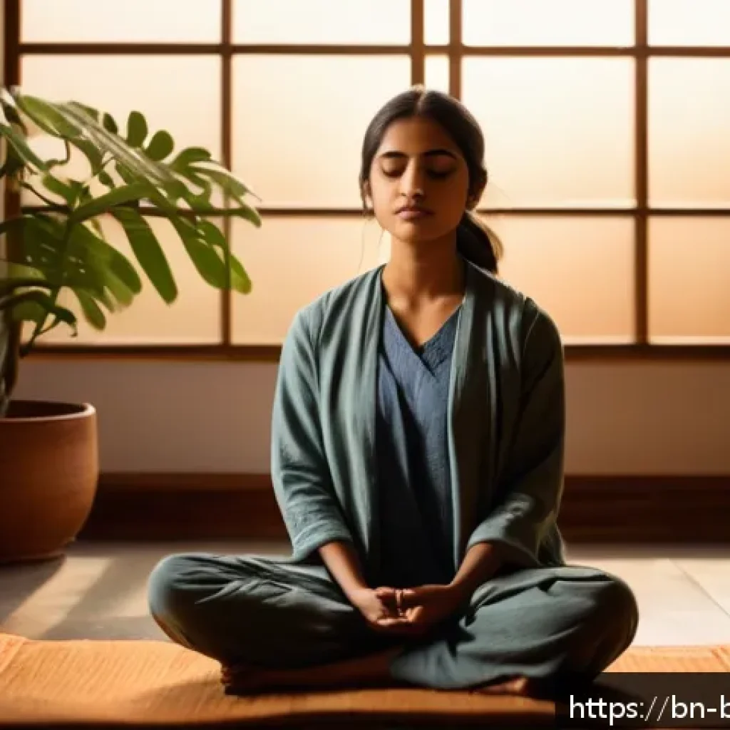 불교의 명상 음악 - A serene indoor meditation corner featuring a young Bengali person sitting cross-legged on a soft cu...