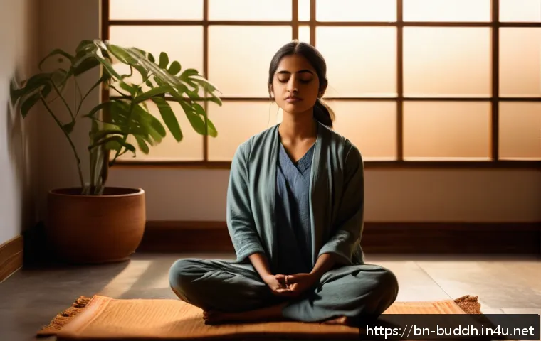 불교의 명상 음악 - A serene indoor meditation corner featuring a young Bengali person sitting cross-legged on a soft cu...