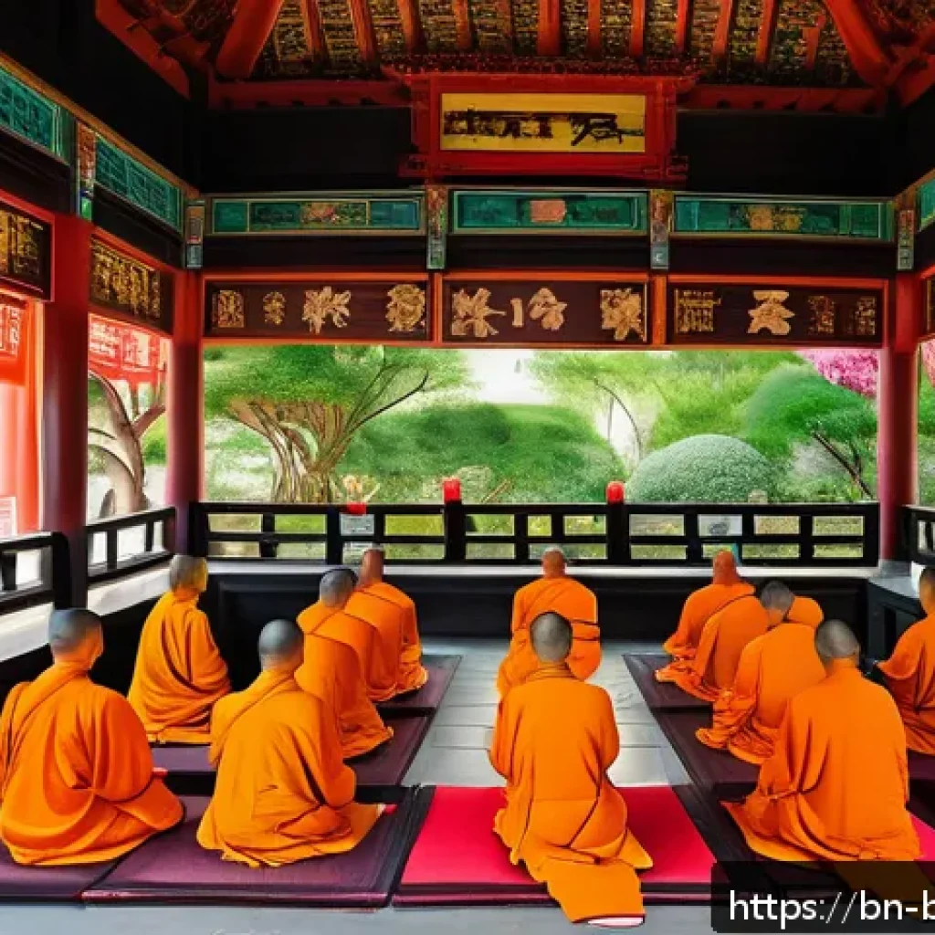 중국 불교의 역사 - An ancient Chinese Buddhist temple scene showcasing intricate traditional architecture with elaborat...
