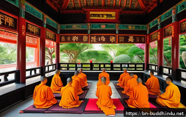 중국 불교의 역사 - An ancient Chinese Buddhist temple scene showcasing intricate traditional architecture with elaborat...
