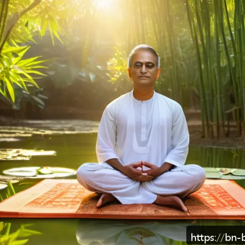 불교의 상징물 - A serene, meditative scene featuring a person sitting cross-legged in a peaceful garden surrounded b...