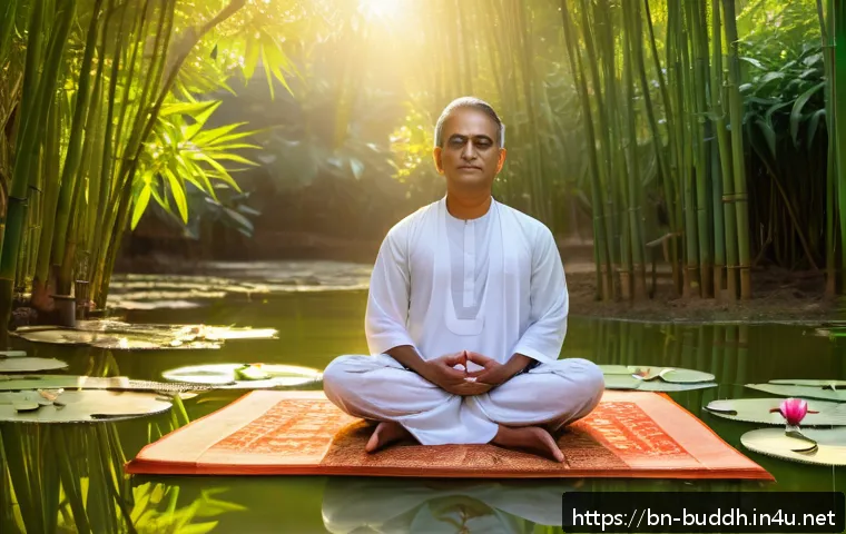 불교의 상징물 - A serene, meditative scene featuring a person sitting cross-legged in a peaceful garden surrounded b...