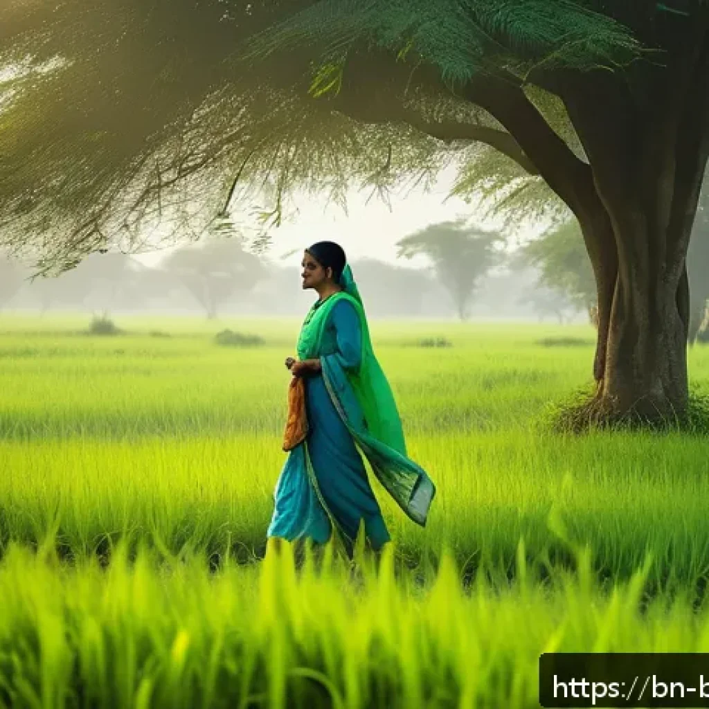 불교에서의 일상의 수행 - A serene morning scene in a lush green meadow, featuring a Bengali woman in modest, traditional clot...