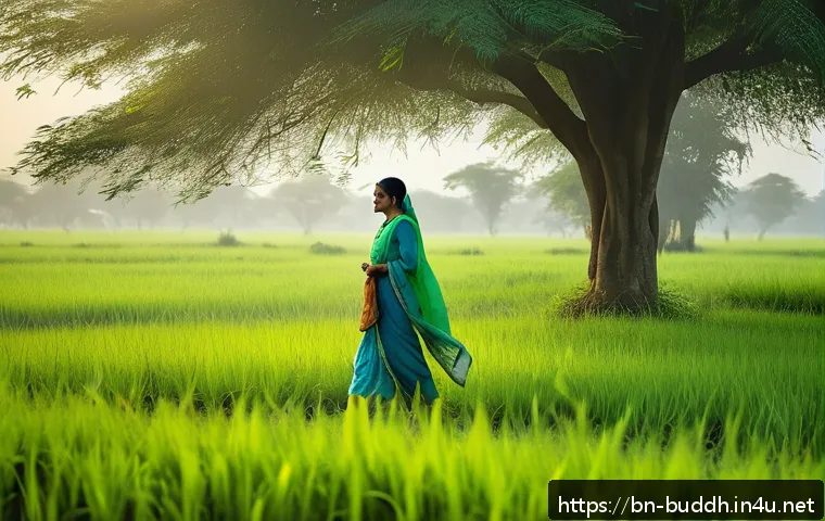 불교에서의 일상의 수행 - A serene morning scene in a lush green meadow, featuring a Bengali woman in modest, traditional clot...