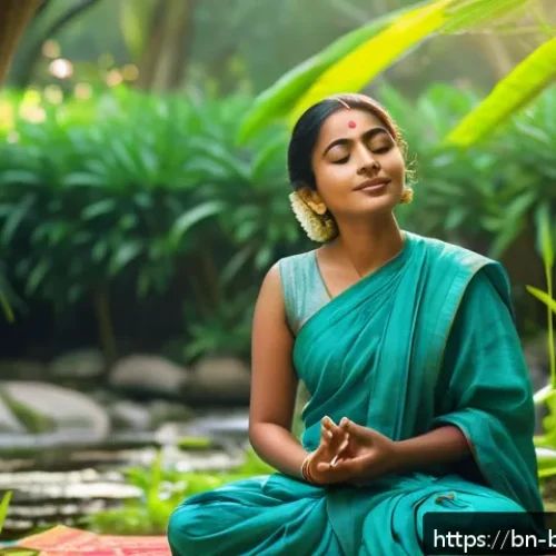 위빠사나 명상 - A serene Bengali woman in traditional attire sitting peacefully in a lush green garden at dawn, prac...