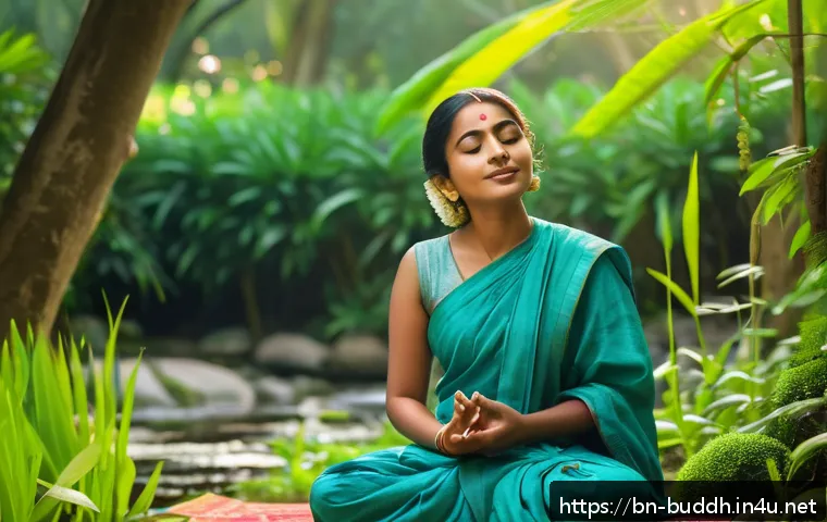 위빠사나 명상 - A serene Bengali woman in traditional attire sitting peacefully in a lush green garden at dawn, prac...