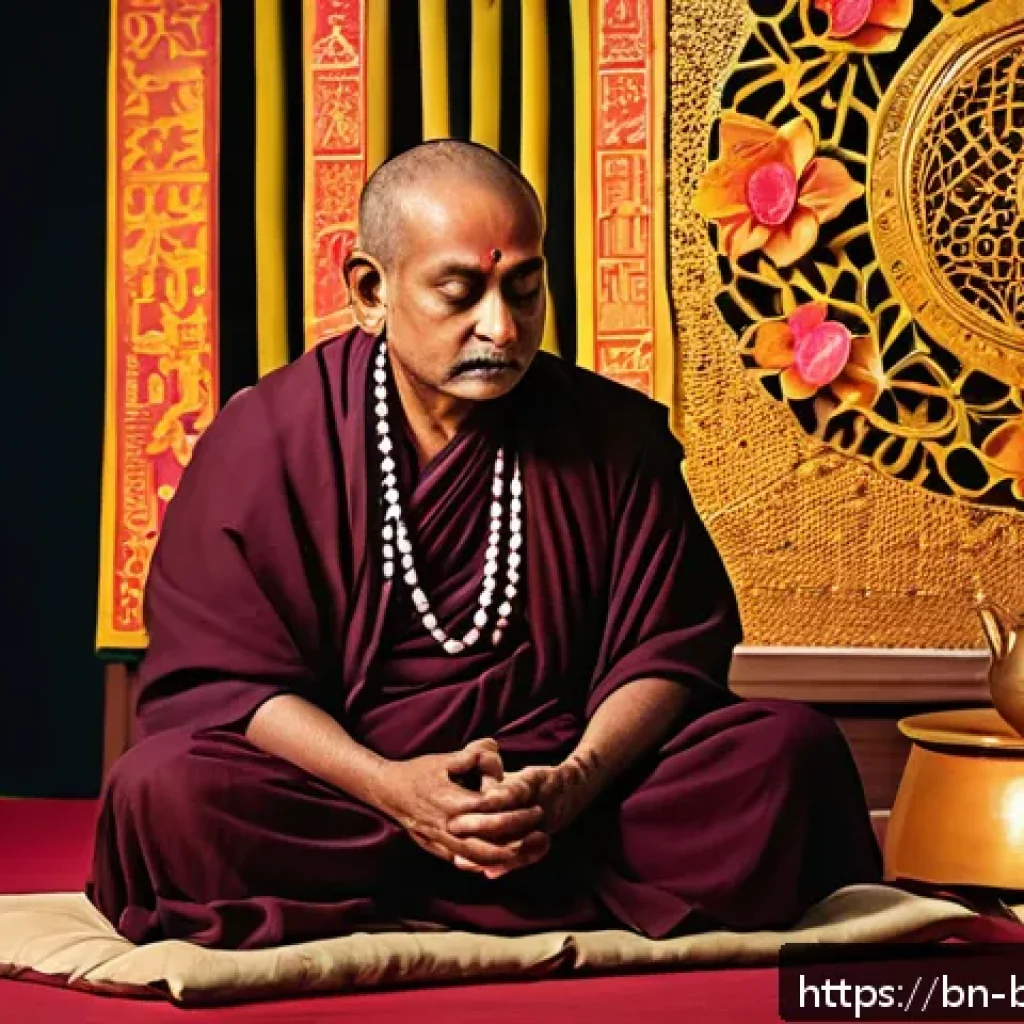 불교와 연극 - A thoughtful Bengali theater scene depicting a middle-aged male character in traditional Bengali att...