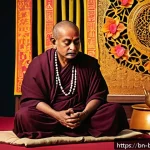 불교와 연극 - A thoughtful Bengali theater scene depicting a middle-aged male character in traditional Bengali att...