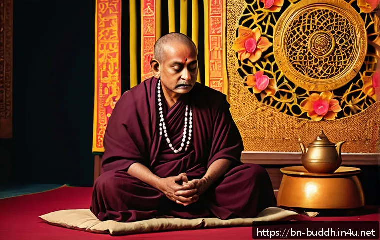불교와 연극 - A thoughtful Bengali theater scene depicting a middle-aged male character in traditional Bengali att...