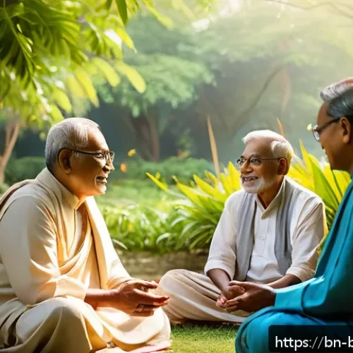 불교에서의 타인 존중 - A serene scene depicting a diverse group of Bengali adults and elders engaging in a heartfelt conver...
