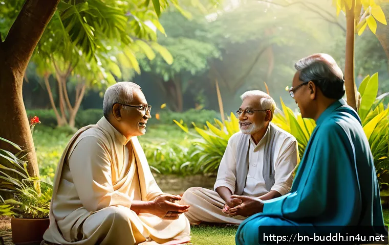 불교에서의 타인 존중 - A serene scene depicting a diverse group of Bengali adults and elders engaging in a heartfelt conver...