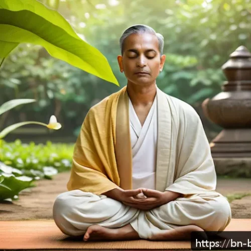 불교와 미래 세대 - A serene scene of a Bengali man practicing Buddhist mindfulness meditation in a peaceful garden at d...