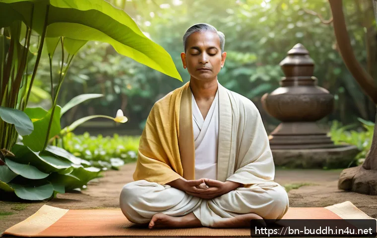 불교와 미래 세대 - A serene scene of a Bengali man practicing Buddhist mindfulness meditation in a peaceful garden at d...