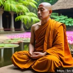 불교에서의 공정성 - A serene Buddhist monk meditating peacefully in a traditional temple garden in Bangladesh, surrounde...
