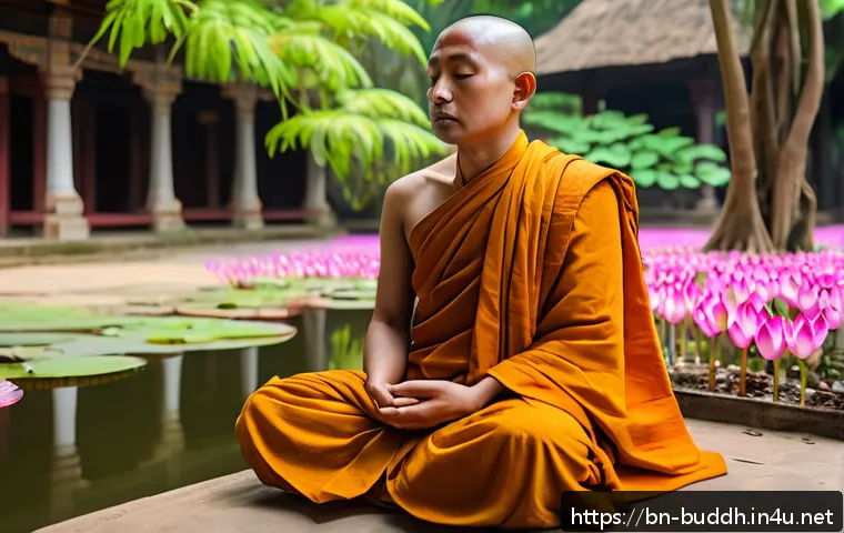불교에서의 공정성 - A serene Buddhist monk meditating peacefully in a traditional temple garden in Bangladesh, surrounde...